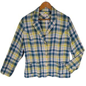 Pendleton Blazer Womens Large Blue Yellow Plaid Tartan Linen Blend Unlined VTG